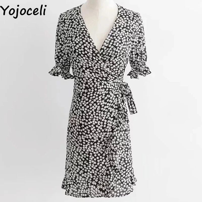 Yojoceli сексуальное короткое платье с v-образным вырезом цветочным принтом и бантом