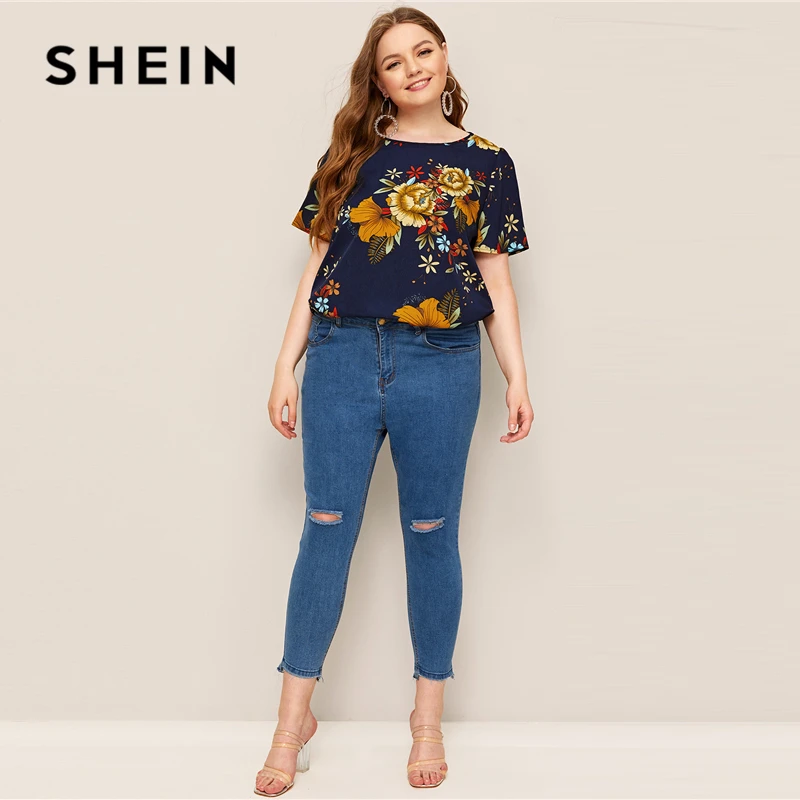 SHEIN, блузка размера плюс, темно-синяя, с растительным принтом,, женская, летняя, Цветочный, Круглый ворот, короткий рукав, обычная, плюс, блузки, рубашка