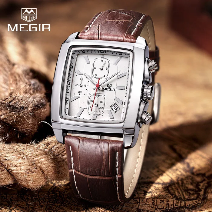 Мужские спортивные кварцевые часы с хронографом из натуральной кожи | Наручные