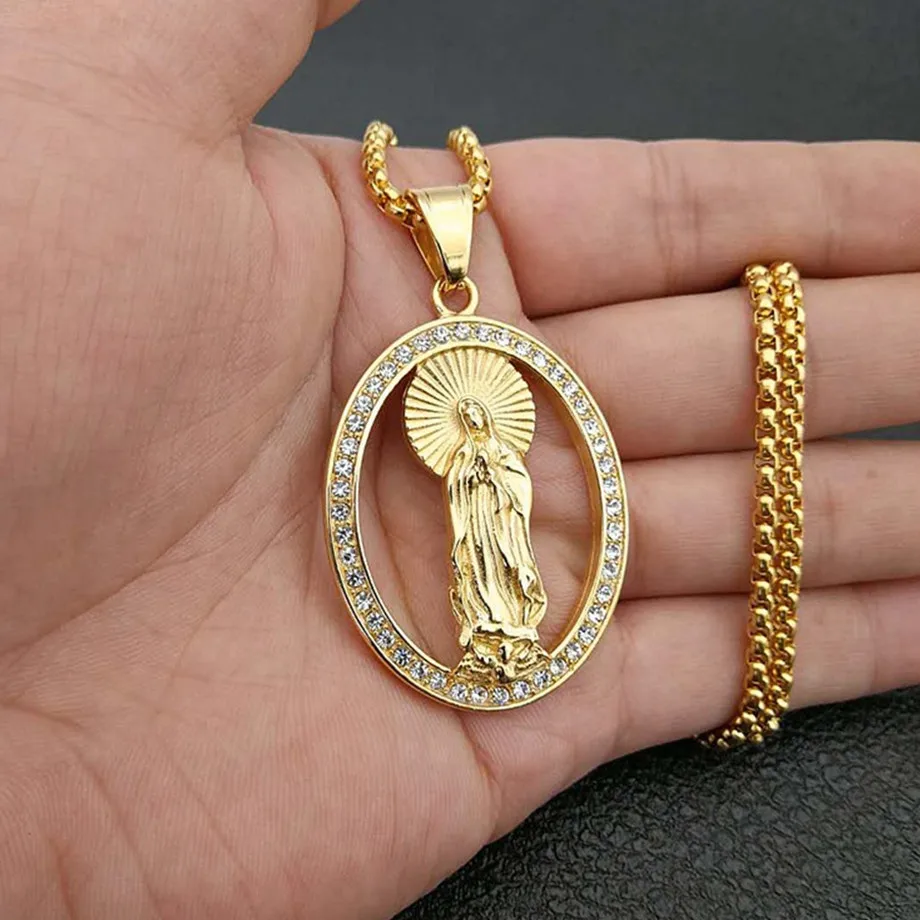 Хип-хоп Iced Out Bling Virgin Подвески &quotДева Мария&quot Золотая цепочка из нержавеющей