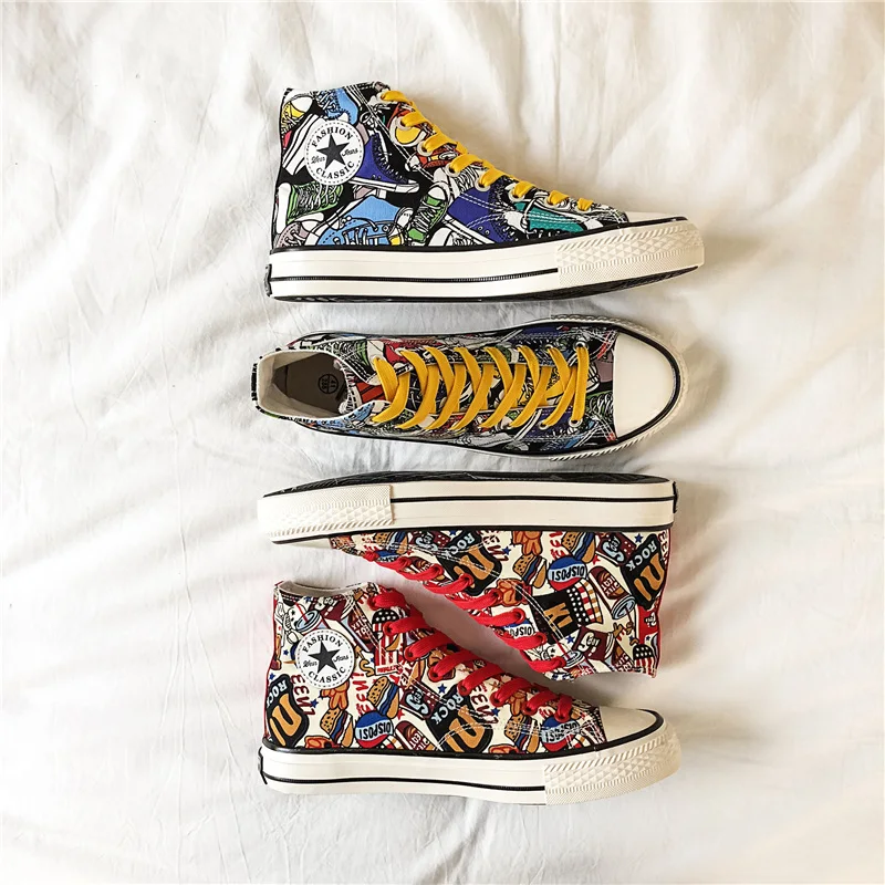 

X New Fashion Hand Printed Plimsolls Canvas Shoes Men Colorful Graffiti High top Men Sneakers Vulcanized Shoes Espadrille hombre
