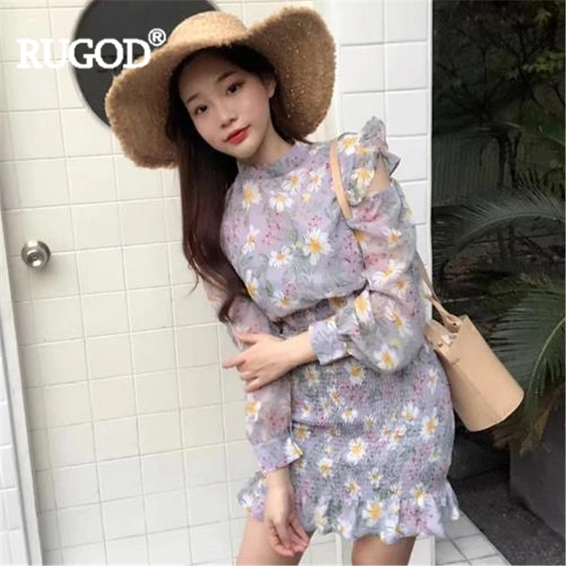 Новинка 2019 весеннее женское платье RUGOD винтажное с высоким воротом и оборками