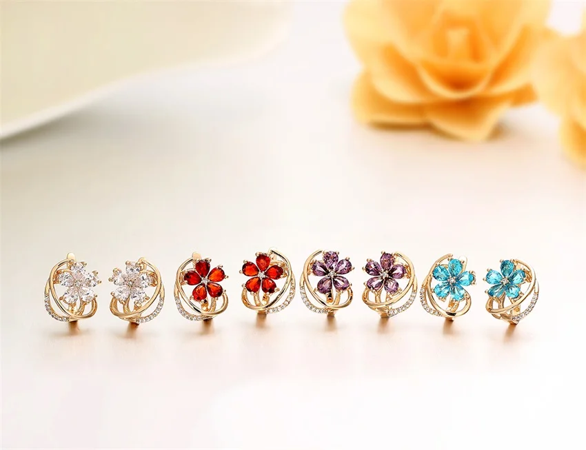 4Colors Five Petal Flower Paved Pear CZ Crystals Huggies Small Hoops Earrings for Women Yellow Gold Color Jewelry 2016 New|earring and necklace