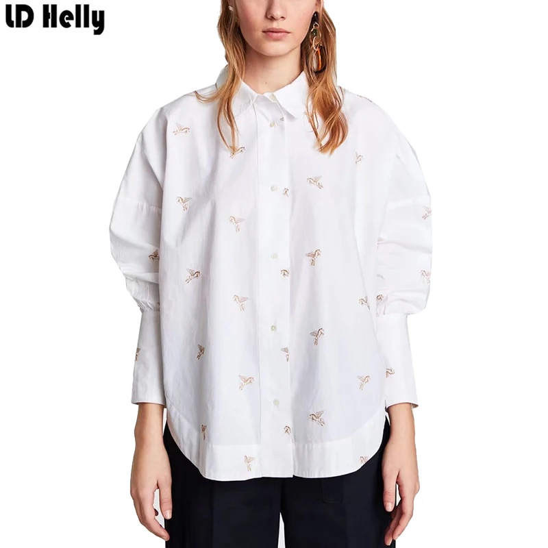 LD Helly Для женщин лошадь Вышивка белая блузка самка отложной воротник длинный