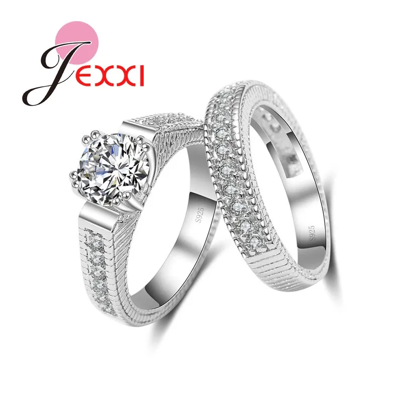 

New Arrivals Women Wedding Rings Set 2 PCS Pure 925 Sterling Silver Engagement Rings Filled Sparkling Crystals Zircons