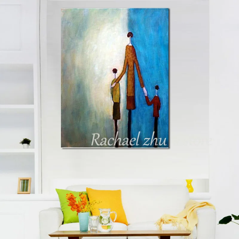 

New Arrival 100% Hand Painted Modern Abstract Figure Oil Pinaintg Father Hold Two Children Wall Pictures Bedroom Decor No Framed