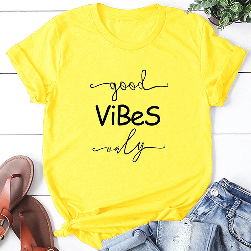 Цвет: желтый Anself футболка женская Harajuku футболки женские 8майка Vibes с буквенным принтом, короткий рукав, хлопок, футболка с круглым вырезом, летние повседневные футболки для повседневной носки - Цвет: Цвет: желтый
