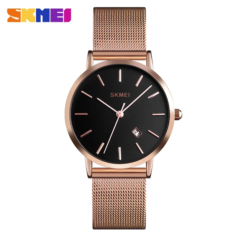 rose gold SKMEI Лидирующий бренд, женские часы, модные часы, женские спортивные аналоговые кварцевые часы с датой, повседневные женские часы из нержавеющей стали, наручные часы - Цвет: rose gold