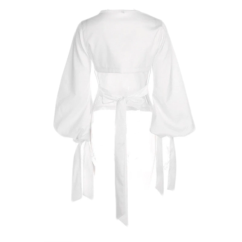 

NEW Fashion Women Shirt loose autumn clothes long puff sleeve backless bandage solid sexy casual shirts blouses tops