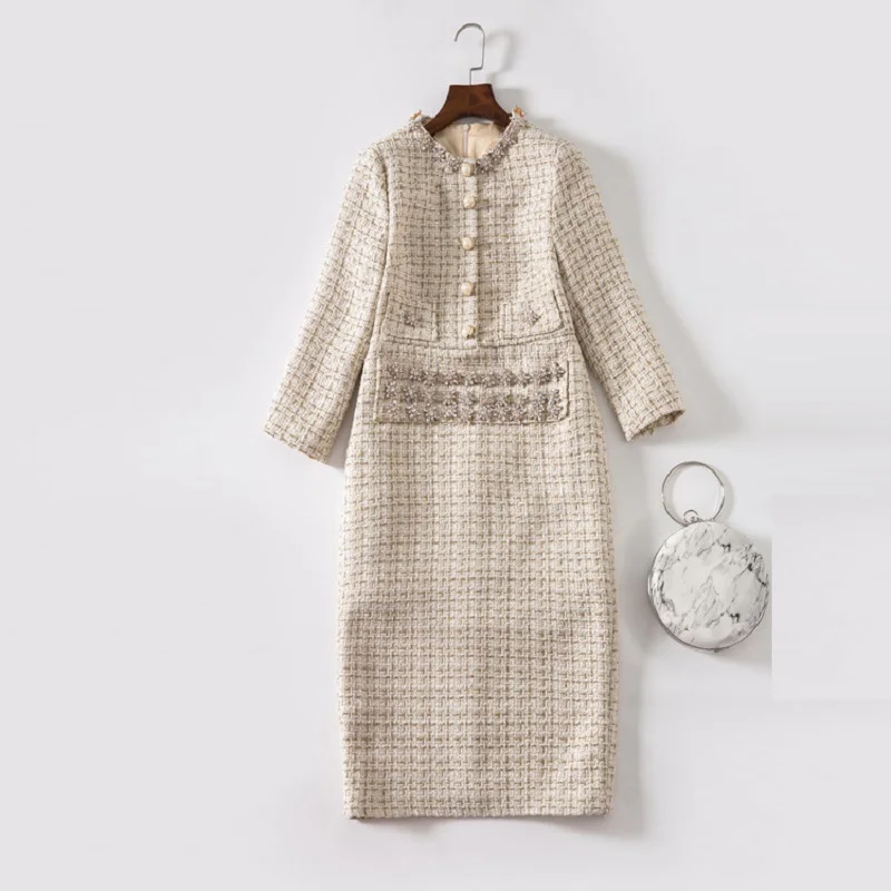 Vestidos De Festa, осенне-зимнее шерстяное платье, рождественское женское платье ручной работы с бисером, рукав 3/4, облегающее платье-карандаш, миди вечерние платья