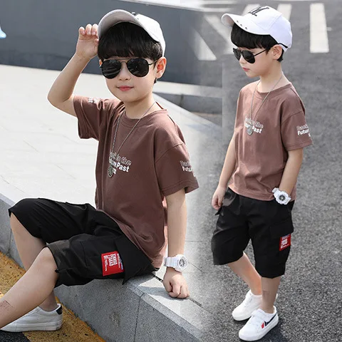 Boys Summer Suit Children New Letter Printing Short Sleeved T Shirt +pant Two Piece Sports Leisure Sets |