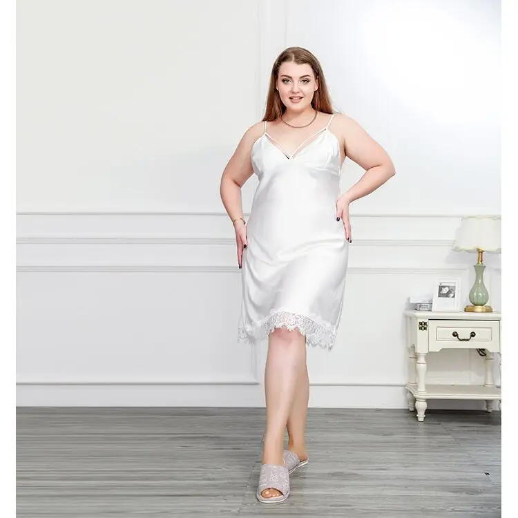 White Женская ночная рубашка размера плюс 4XL, сексуальное кружевное белье, летняя ночная рубашка для 100 кг, Шелковый ночной халат, платье - Цвет: White
