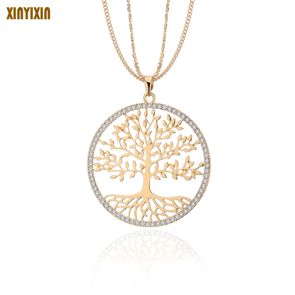 

Crystal Tree of Life Pendant Necklace for Women Multi Layers Round Gold Necklace Long Sweater Chain Party Gift New 2021 Trend