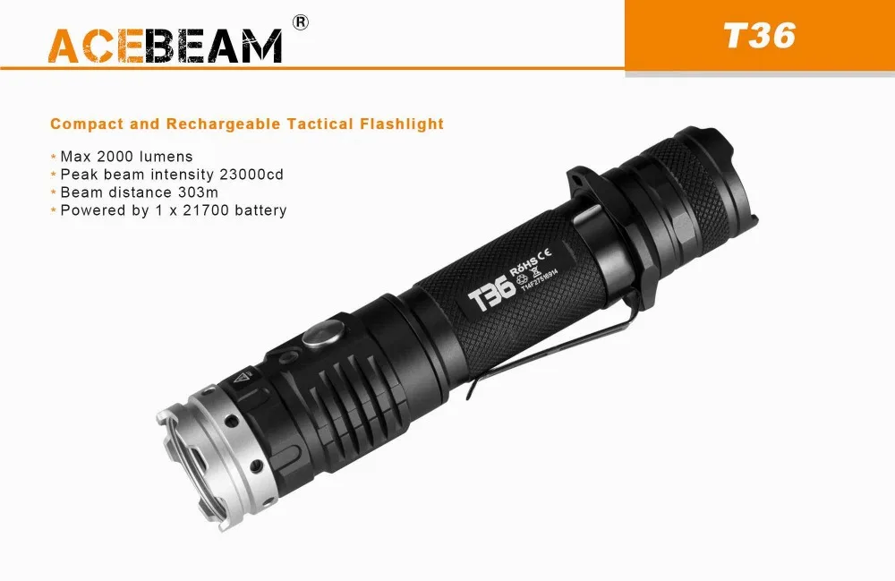 AceBeam T36 тактический фонарь XHP35 макс 2000 люмен Луч расстояние 303 метра заряжаемый