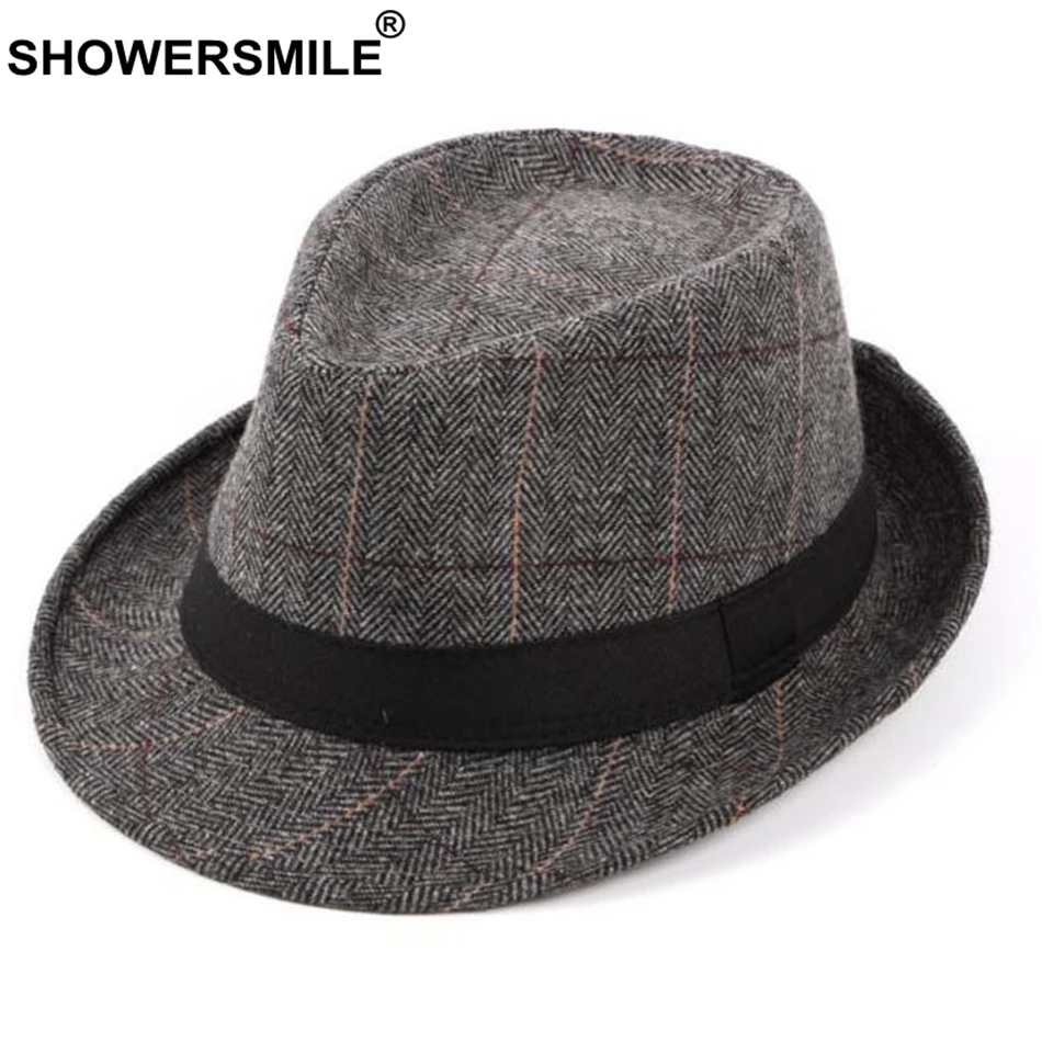 Grey Fedora Hat SHOWERSMILE, серая клетчатая фетровая шляпа, Мужская шерстяная твидовая Классическая джазовая шляпа, Мужская винтажная Осенняя фетровая шляпа в британском стиле, Новинка - Цвет: Grey Fedora Hat