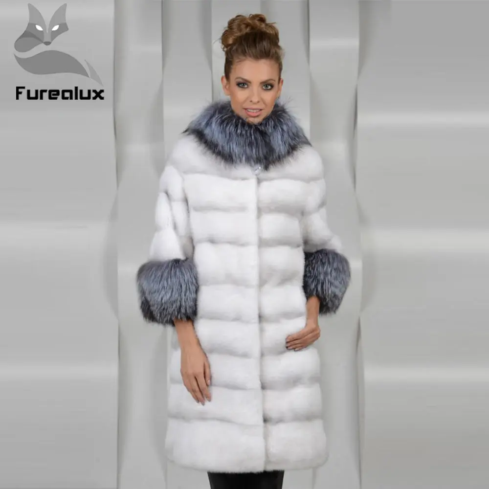Женское пальто с воротником из меха лисы Furealux натурального норки стойкой и