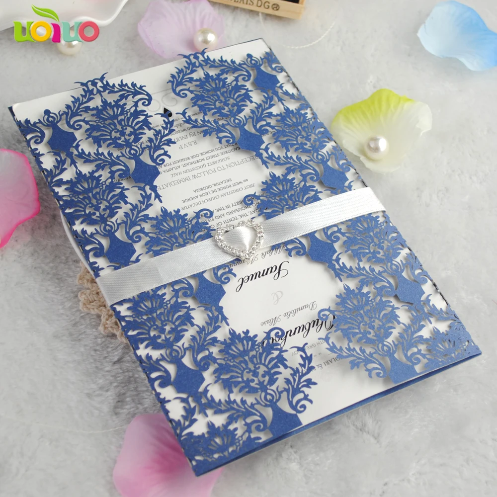 

top sell elegant royal blue flower lace marriage engagement wedding invitation card intricate laser cut wedding invitations 2017