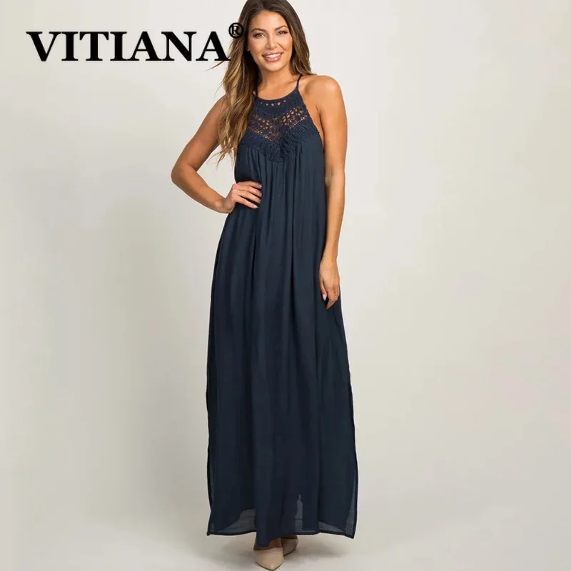 VITIANA женское повседневное пляжное длинное платье лето 2019 Женские однотонные