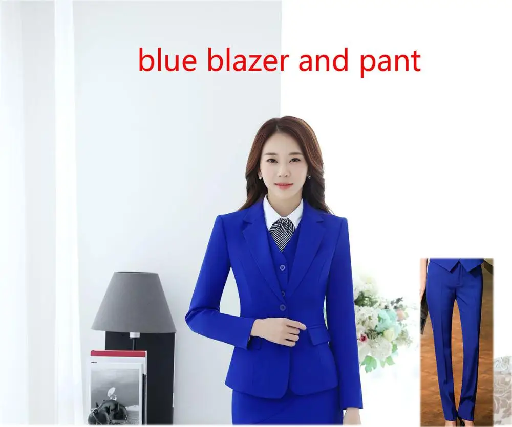blue blazer and pant IZICFLY Новые Элегантные Синие офисные форменные дизайнерские женские костюмы с брюками ансамбль женский 2 шт. pantalon деловые брючные костюмы - Цвет: blue blazer and pant