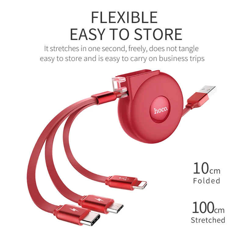 HOCO 3 в 1 usb зарядный кабель гибкий Регулируемый USB Быстрый Micro + Тип C для iPhone samsung