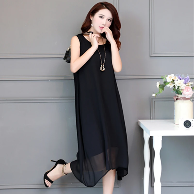 Женское шифоновое платье без рукавов с круглым вырезом|Женские платья| |