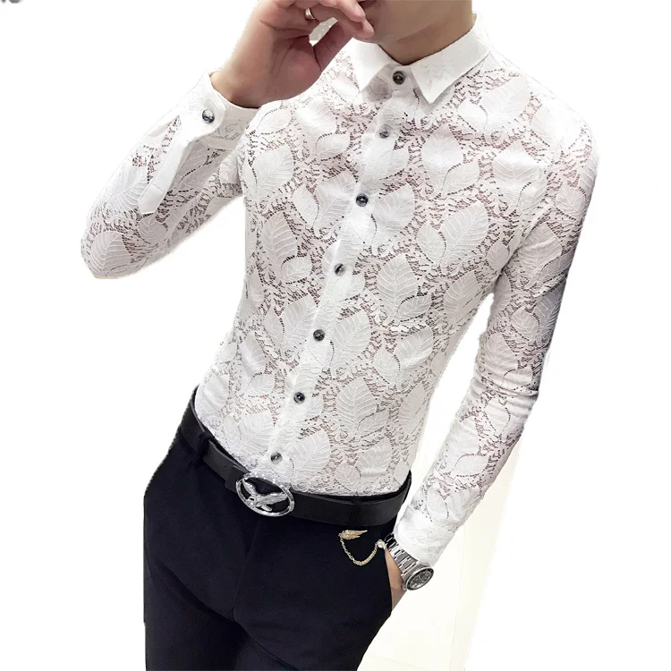 Для мужчин свадебные Кружевная рубашка 2017 Новая мода See Through Рубашка Выходные