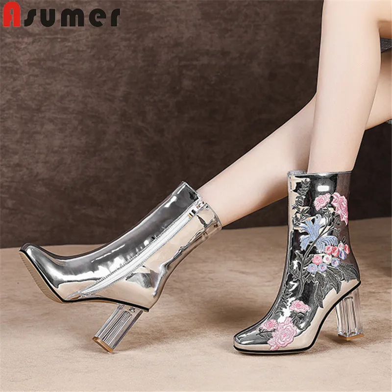 

ASUMER 2020 new autumn winter ankle boots square toe Embroidery elegant ladies prom shoes Transparent high heels women boots