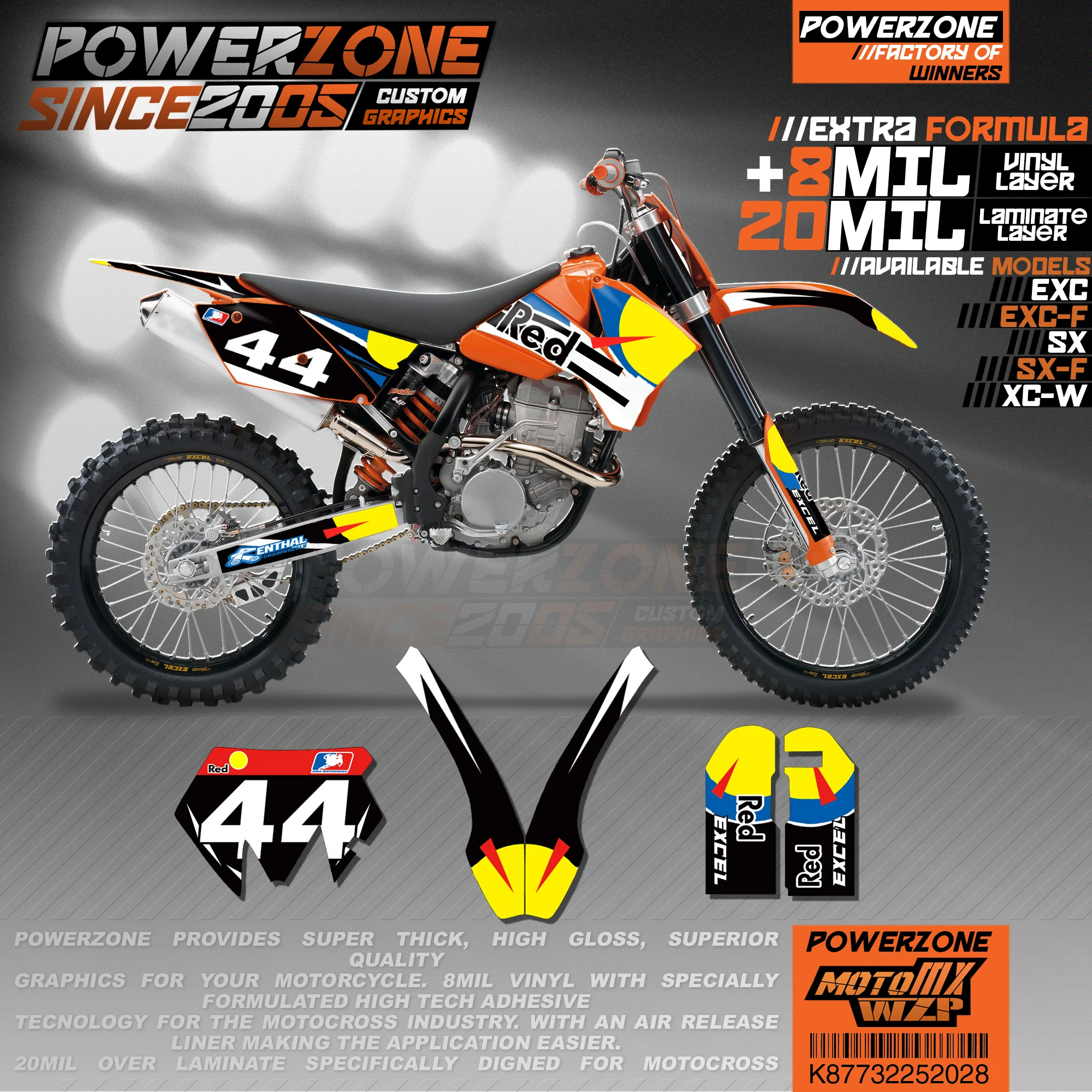 

PowerZone Custom Team Graphics Backgrounds Decals 3M Stickers Kit For KTM SX SXF MX EXC XCW Enduro 125cc to 500cc 2003-2007 028