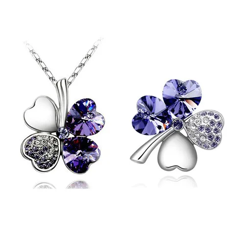silver purple Кристалл Клевер 4 листа сердце кулон ожерелье брошь модные классические ювелирные комплекты Подарки для женщин и девочек Аксессуары Прямая поставка - Окраска металла: silver purple