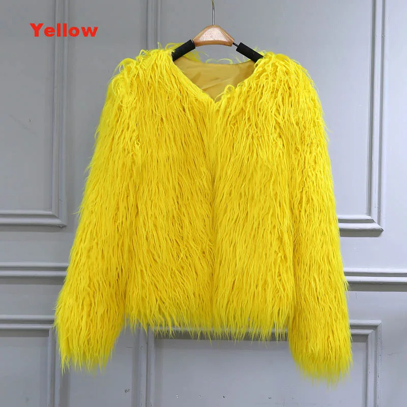 yellow Женские зимние куртки, пальто, Монгольская овца, искусственный мех, черная пушистая куртка, пальто, утолщенная, теплая, с длинным рукавом, роскошная, меховая верхняя одежда - Цвет: yellow