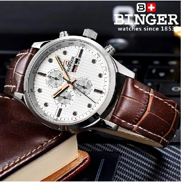 Швейцарские мужские часы люксовый бренд наручные Бингер кварцевые кожаный