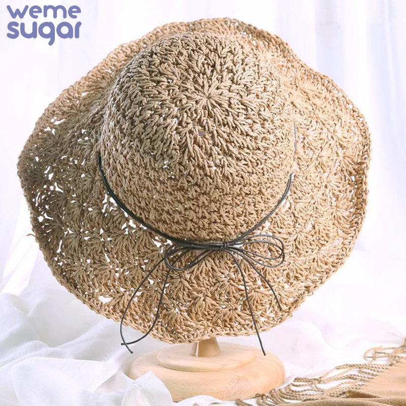 

WeMe Bowknot Straw Sun Hat Hollow Folding Fisherman Hat Summer Women Beach Caps Hand Make Foldable Hats for Girls