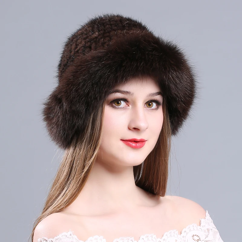 Вязаная шапка s Зимняя с большим краем для женщин и девушек Skullies Beanies шапка плотная Удобная меховая шапка из натуральной норки сохраняющая тепло русская лиса шапки