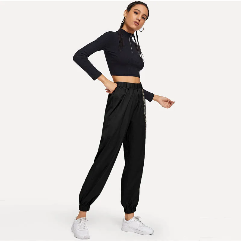 SweatyRocks, черные штаны с цепочкой, эластичная резинка на талии, свободные женские спортивные штаны со средней талией, Осенние повседневные зауженные штаны
