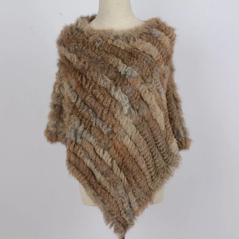 Natural Brown Женское Вязаное пончо с натуральным кроличьим мехом, Модная стильная зимняя Осенняя теплая меховая шаль, Женская качественная накидка S1071S - Цвет: Natural Brown