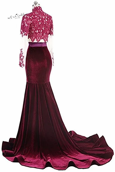 

Purple Red Velvet Sexy Evening Dresses Long 2018 Long Sleeve Lace Mermaid Prom Party Dress Two Piece Sweep Train Robe de Soiree