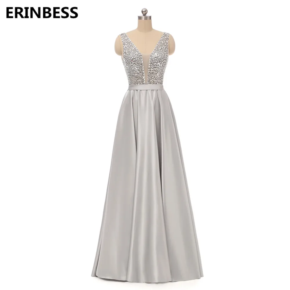 Sliver gray Vestido de festa Longo, вечерние платья, длинное платье, темно-синее атласное с бусинами и v-образным вырезом, вечернее платье, вечерние платья - Цвет: Sliver gray