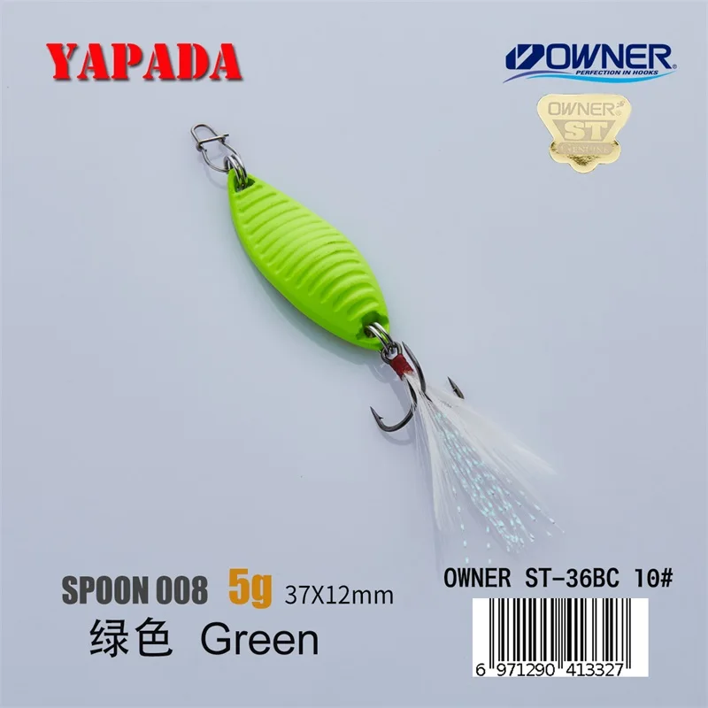 Green 5g Feather YAPADA ложка 008 Vermin 5 г/7 г владелец тройной крючок 37-40 мм многоцветный перо металлический цинковый сплав рыболовные приманки для окуня - Цвет: Green 5g Feather