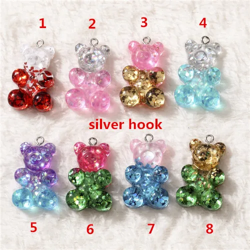 20 шт 20*30 мм Gummy Bear Амулеты с плоской задней стороной, кабошоны из смолы, блестящие амулеты для брелка, подвески, ожерелья, сделай сам - Окраска металла: silver hooks