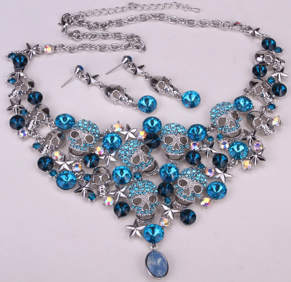 Skull star necklace earrings sets women biker jewelry gifts W/ crystal antique silver color NC03 wholesale dropshipping | Украшения и