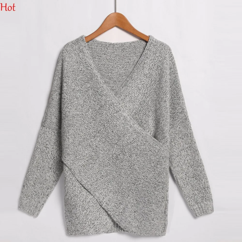 Hot Euro Fashion Womens V Neck Sweater Irregular Autumn Winter Long Sleeve Cross Wrap Knitted Pullover Sweaters Gray SVH031397 | Женская