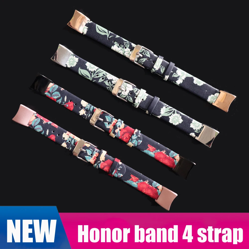 Браслет с цветочным принтом для huawei Honor band 4, кожаный металлический ремешок Honor band 4, браслет Pulseira Accesorio