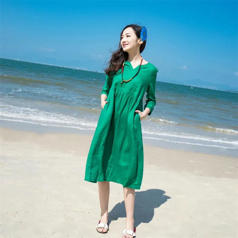 

Женское тонкое платье из хлопка и льна, однотонное пляжное платье с рукавом три четверти и V-образным вырезом, лето 2022