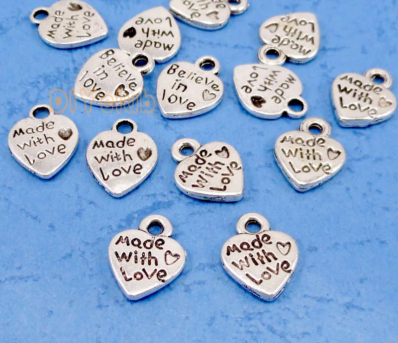 

150pcs-Antique Silver 2 Sided Made With Love Charms Pendant, DIY Supplies 12x9mm