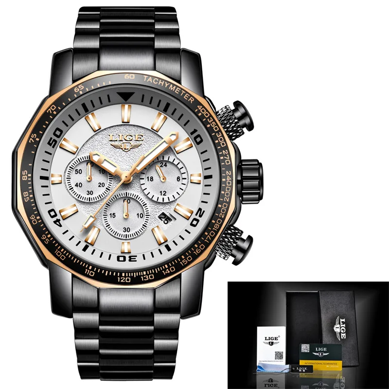 Gold white Relogio Masculino LIGE мужские часы Топ бренд Роскошные бизнес часы мужские спортивные часы из нержавеющей стали с большим циферблатом Хронограф - Цвет: Gold white