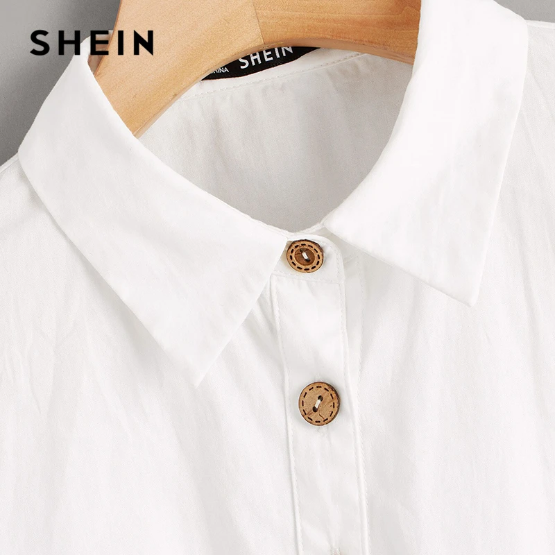 SHEIN Button Front Belted Blouse White Solid Long Sleeve Blouse Casual Women Clothes Spring Autumn Blouses