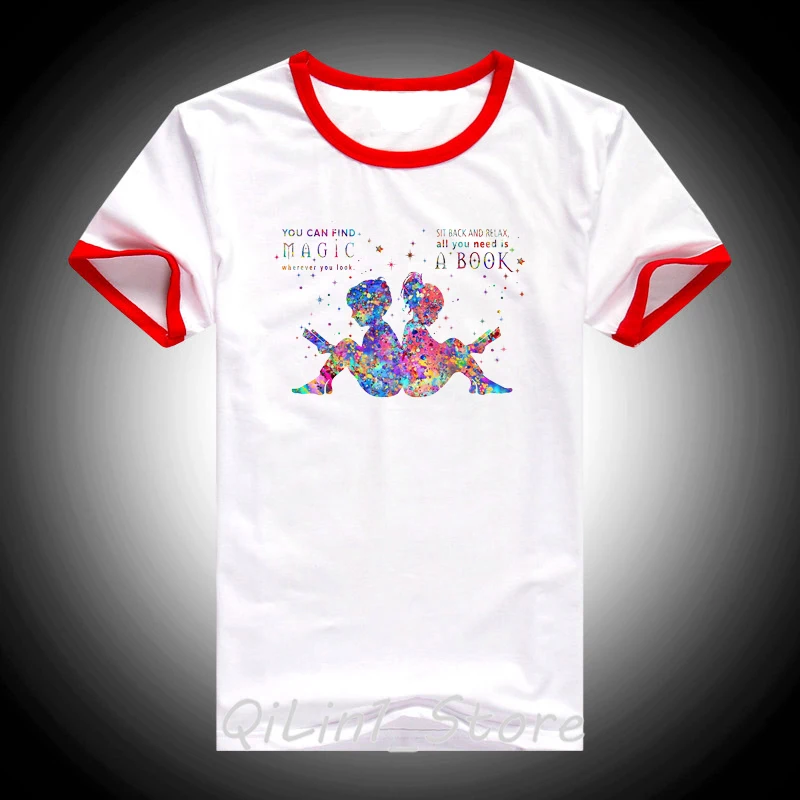 Watercolor reader kids print t shirt women harajuku kawaii tee femme white o-neck short sleeve t-shirt female streetwear | Женская