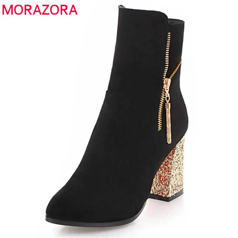Женские ботинки из флока MORAZORA Короткие Плюшевые на высоком каблуке осень и зиму