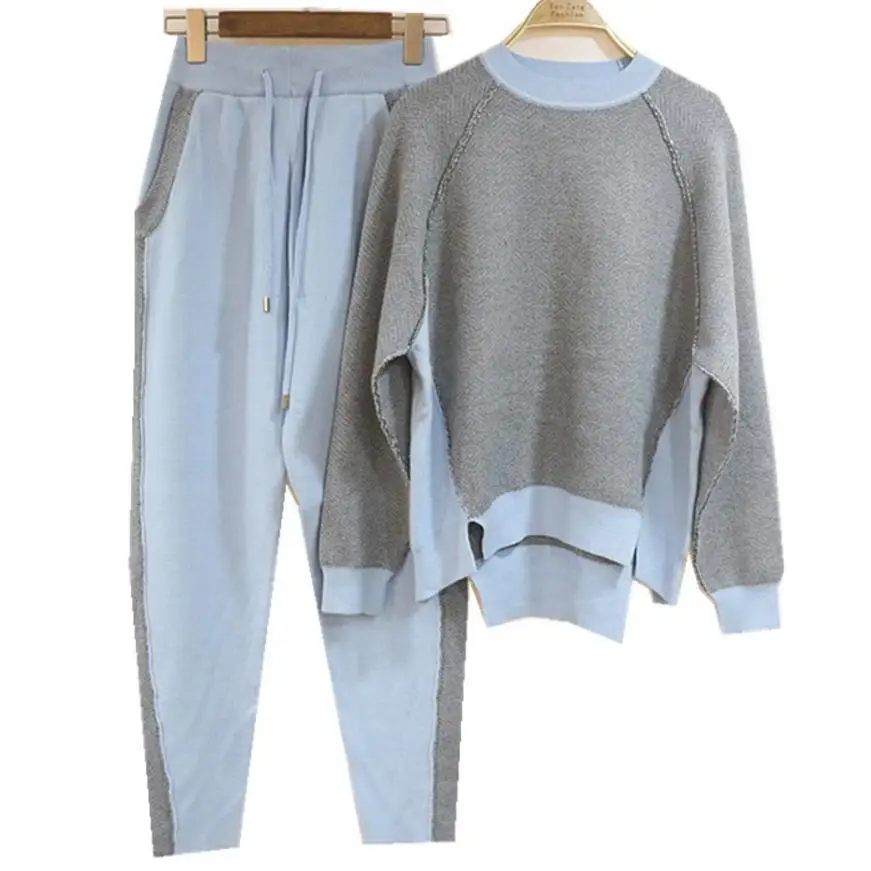 Зимний шерстяной и кашемировый вязаный теплый костюм свитер с круглым вырезом