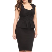 2016 new elegant summer office dresses black ruched peplum dress with bow elegant plus size u neck ladies work wear xxl